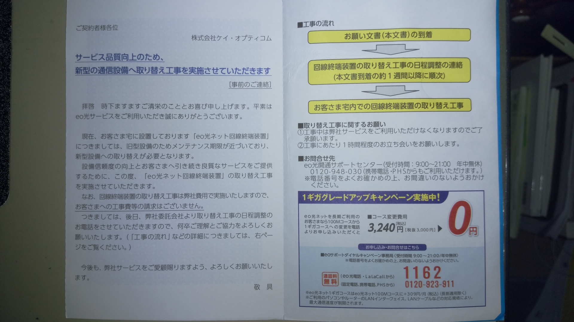 Eo光の回線終端装置の無料取り換え工事 卯年男のナウな徒然日誌